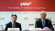 IAAF President Sebastian Coe (left) and Rune Andersen, head of the IAAF taskforce on Russia during a press conference, yesterday. 
