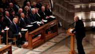 Former U.S. Senator Alan Simpson delivers a eulogy for former U.S. President George H.W. Bush in front of U.S. President Donald Trump, first lady Melania Trump, former President Barack Obama, former first lady Michelle Obama, former President Bill Clinton