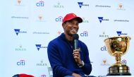 US golfer and captain of the US Presidents Cup team Tiger Woods attends a press conference in Melbourne on December 6, 2018, one year ahead of the 2019 edition to be held at the Royal Melbourne Golf Club. AFP / William West