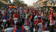 Supporters of the Vishva Hindu Parishad (VHP), a Hindu nationalist organisation, shout slogans during a rally demanding the construction of a temple on a disputed religious site in the northern Indian town of Ayodhya, in Ahmedabad, India, December 6, 2018