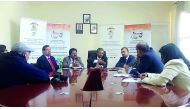 The Ambassador of India to Qatar, P Kumaran; IBPC President K M Varghese and other officials at the press conference held at the Indian Embassy in Doha, yesterday.