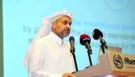Yousuf Mohamed Al Jaida, CEO, QFC Authority addressing the ‘CFA Financial Markets Outlook’ event on Tuesday. Pic: Abdul Basit / The Peninsula

