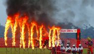 An Indian army soldier performs a stunt during celebrations ahead of the 