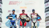The podium winners of the QSTK Trophy race 1 and 2, Qatari riders Jassim Al Thani, Hassan Al Mansoori and Kuwait’s Mohammad Alzaidan celebrate with their trophies.