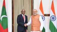 Indian Prime Minister Narendra Modi (R) shakes hands with Maldives President Ibrahim Mohamed Solihas prior to a meeting in New Delhi on December 17, 2018. AFP / Prakash Singh