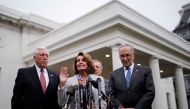 House Democratic leader Nancy Pelosi (D-CA) speaks to reporters with Senate Democratic leader Chuck Schumer (D-NY), Rep. Steny Hoyer (D-MD) and Sen.   REUTERS/Carlos Barria