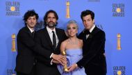 Winners for Best Original Song - Motion Picture for 'Shallow - A Star is Born' (R-L) Mark Ronson, Lady Gaga, Andrew Wyatt and Anthony Rossomando pose with the trophy in the press room during the 76th Annual Golden Globe Awards at The Beverly Hilton Hotel 