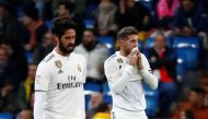 Real Madrid's Isco and Sergio Ramos react after conceding their second goal scored by Real Sociedad's Ruben Pardo REUTERS/Juan Medina