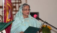 Sheikh Hasina speaks as she is sworn in for her fourth spell as Bangladesh's prime minister at the Presidential Palace in Dhaka on January 7, 2019.  / AFP / Munir UZ ZAMAN 