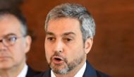 Paraguay's President Mario Abdo Benitez speaks during a press conference to announce the rupture of diplomatic relations with Venezuela, not recognizing Nicolas Maduro's second-term presidency, in Asuncion, on January 10, 2019.  AFP / Norberto Duarte 