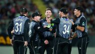 New Zealand's players celebrate taking a wicket during the International Twenty20 Cricket match between New Zealand and Sri Lanka at Eden Park in Auckland on January 11, 2019. AFP / Fiona Goodall