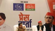 Samajwadi Party president Akhilesh Yadav (R) and Bahujan Samaj Party (BSP) leader Mayawati take part in a press conference to announce their political alliance in Lucknow on January 12, 2019. (AFP)