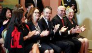 Newly appointed Veterans Affairs Minister Jody Wilson-Raybould, president of the Treasury Board Jane Philpott, Indigenous Services Minister Seamus O'Regan, Justice Minister David Lametti, and Rural Economic Development Minister Bernadette Jordan applaud a