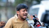 Kanhaiya Kumar speaks to the media at Hyderabad Central University on March 23, 2016. AFP Noah Seelam 