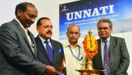 Indian space scientist and Chairman of the Indian Space Research Organization (ISRO) Kailasavadivoo Sivan (L), Minister of State for Department of Atomic Energy and Department of Space Jitendra Singh (2L) and ISRO Deputy Project Director Prakash Rao (2R) 