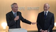 French carmaker Renault's newly appointed board chairman Jean-Dominique Senard (L) delivers a speech next to new chief executive Thierry Bollore during a press conference at the headquarters of the French car manufacturer Renault in Boulogne Billancourt, 