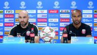 Coach Felix Sanchez and Ali Afif  to teh media during a press conference held in Abu Dhabi, yesterday, on the eve of Qatar’s AFC Asian Cup Quarter -final match against South Korea.