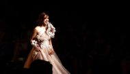 Indian Bollywood actress Yami Gautam parades on stage as she wears clothes created by designer Gauri and Nainika at the Lakmé Fashion Week (LFW) Summer Resort 2019 in Mumbai on January 30, 2019. AFP / Sujit Jaiswal