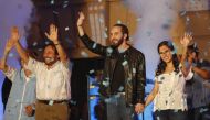 Nayib Bukele (2-R) of the Great National Alliance, his wife Gabriela Rodriguez (R) and Vice President Felix Ulloa (2-L) after winning presidential elections in Plaza Morazan, San Salvador on February 3, 2019. (Alfredo Zuniga/Anadolu Agency )