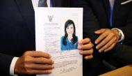 Thai Raksa Chart party leader Preechapol Pongpanich, holds up application of candidate for Prime Minister, Thailand's Princess Ubolratana Rajakanya Sirivadhana Barnavadi, at the election commission office in Bangkok, Thailand February 8, 2019. REUTERS/Ath