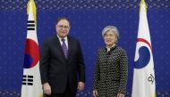Timothy Betts, acting Deputy Assistant Secretary and Senior Advisor for Security Negotiations and Agreements in the US Department of State, stands with South Korean Foreign Minister Kang Kyung-wha (R) before their meeting at Foreign Ministry in Seoul on F