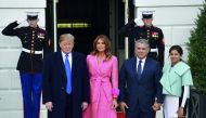 US President Donald Trump and First Lady Melania Trump greet Colombian President Ivan Duque(2ndR) and his wife Maria Ruiz(R) at the White House in Washington, DC, on February 13, 2019. AFP / Nicholas Kamm