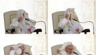 A combination photo shows a gust of wind blowing the mantle Pope Francis during the Wednesday general audience in Saint Peters square at the Vatican, May 16. 2018. Reuters/Max Rossi