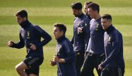 :(From L) Juventus' Uruguayan midfielder Rodrigo Bentancur, Juventus' Argentine forward Paulo Dybala, Juventus' German midfielder Sami Khedira, Juventus' Bosnian midfielder Miralem Pjanic, Juventus' Croatian forward Mario Mandzukic and Juventus' Portugues
