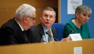 Senate Law Commission rapporteurs Jean-Pierre Sueur (L), Muriel Jourda (R) and President of France's Senate Law Commission Philippe Bas (C), release on February 20, 2019 at the Senate in Paris, the results of an inquiry in the case of former top president