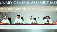 Dr Hussain Al Abdulla (right), the Chairman and Managing Director of Masraf Al Rayan, Turki bin Mohammed Al Khater (second right), Vice-Chairman, and other board members at the AGM, held at Sheraton Grand Doha Resort & Convention Hotel, yesterday.