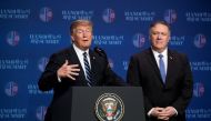 U.S. President Donald Trump speaks at a news conference at the JW Marriott Hanoi, accompanied by U.S. Secretary of State Mike Pompeo, following talks with North Korean leader Kim Jong Un in Hanoi, Vietnam, February 28, 2019. Andrew Harnik/Pool via REUTERS