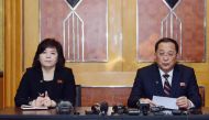 North Korean Foreign Minister Ri Yong Ho (R) speaks as vice-minister of Foreign Affairs Choe Son Hui looks on during a press conference in Hanoi early on March 1, 2019, following the US-North Korea summit.  AFP / Huy Phong 
 
