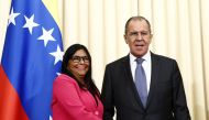 Venezuelan Vice President Delcy Rodriguez (L) and Russian Foreign Minister Sergei Lavrov (R) shake hands at after a joint press conference following their meeting in Moscow, Russia on March 01, 2019. Sefa Karacan - Anadolu 
