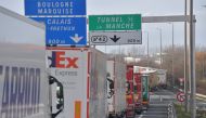 Trucks  heading to the Channel tunnel stuck in a traffic jam on the A16 highway between Dunkerque and Calais due to extensive controls by the customs officers protesting against the lack of staff and material ahead of the Brexit on March 4, 2019 . AFP / P