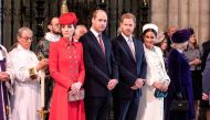 FILE PHOTO: Britain's Prince Harry and Meghan, Duchess of Sussex, stand with Kate, Duchess of Cambridge, and Britain's Prince William at Westminster Abbey for a Commonwealth Day service in London, Britain March 11, 2019. Richard Pohle/Pool via REUTERS/Fil