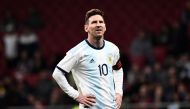 Argentina's forward Lionel Messi reacts during an international friendly football match between Argentina and Venezuela at the Wanda Metropolitano stadium in Madrid on March 22, 2019 in preparation for the Copa America to be held in Brazil in June and Jul