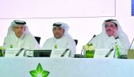 Ahmad Saif Al Sulaiti (right), Chairman of the Board of Directors of Woqod; Mohammed Nasser Al Hajri (centre), Vice-Chairman, and Saad Rashid Al Muhannadi, CEO of Woqod, during the Company’s Annual General Assembly Meeting held at Ritz-Carlton Hotel, yest