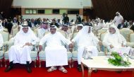 H E Jassim bin Saif Al Sulaiti, Minister of Transport and Communications (second left), with Sheikh Dr Khalid bin Thani Al Thani (left); Abdullatif Al Mahmoud (right), Group CEO, Dar Al Sharq; and other guests during the opening session of Supply Chains M