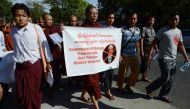 A Myanmar Buddhist monk group stage a protest outside the Malaysian embassy in Yangon on December 3, 2016. AFP/Romeo Gacad