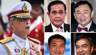 Clockwise from Left:  Thailand's King Maha Vajiralongkorn, Prime Minister Prayut Chan-O-Cha, exiled former prime minister Thaksin Shinawatra,  Abhisit Vejjajiva and Future Forward Party leader Thanathorn Juangroongruangkit AFP / Lillian Suwanrumpha,  Isaa