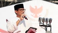 Indonesian Presidential candidate Prabowo Subianto's vice presidential candidate Sandiaga Uno speaks the crowd his campaign at Gelora Bung Karno Stadium in Jakarta, Indonesia on April 7, 2019.  Anton Raharjo - Anadolu 