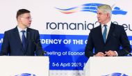 EU Commission Vice-President for Financial Services and Capital Markets Union Valdis Dombrovskis delivers a speech during a joint news conference with Romania's Minister of Public Finance Eugen Orlando Teodorovici on the second day of the informal meeting