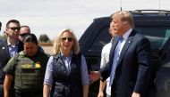 Homeland Security Secretary Kirstjen Nielsen and U.S. President Donald Trump arrive to view a section of border wall in Calexico California, U.S., April 5, 2019. Picture taken April 5, 2019. REUTERS/Kevin Lamarque