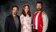 Cast members Mark Ruffalo (L), Karen Gillan and Chris Evans pose for a portrait while promoting the film 