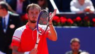 Russia's Daniil Medvedev celebrates his victory against Japan's Kei Nishikori during the ATP Tour Barcelona Open semi-final tennis match in Barcelona on April 27, 2019. / AFP / Pau Barrena