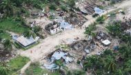 This handout aerial photograph taken and released on April 27, 2019 by the United Nations Office for the Coordination of Humanitarian Affairs (OCHA) shows the damaged communities in Macomia district, Mozambique, on April 27, 2019 following the destruction