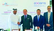 Essa bin Hilal Al Kuwari (left), Kahramaa’s President, with other officials after signing the contracts in Doha, yesterday.