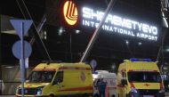 Ambulances are parked in front of the terminal building of the Sheremetyevo Airport outside Moscow after a Russian-made Superjet-100 on fire attempted an emergency landing on May 5, 2019. AFP / Kirill KUDRYAVTSEV