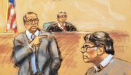 Defense attorney Marc Agnifilo (L) points in the direction of former self-help guru Keith Raniere, in this courtroom sketch, at the Brooklyn Federal Courthouse in New York, May 7, 2019. Reuters/Jane Rosenberg