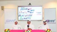 Qatar Motor and Motorcycle Federation  president Abdulrahman Al Mannai (centre), Vice Chairman of Losail Circuit Sports Club Khalid Al Remaihi and Batabit Centre Director Mohamed Ghanem Al Kubaisi addressing the media yesterday.